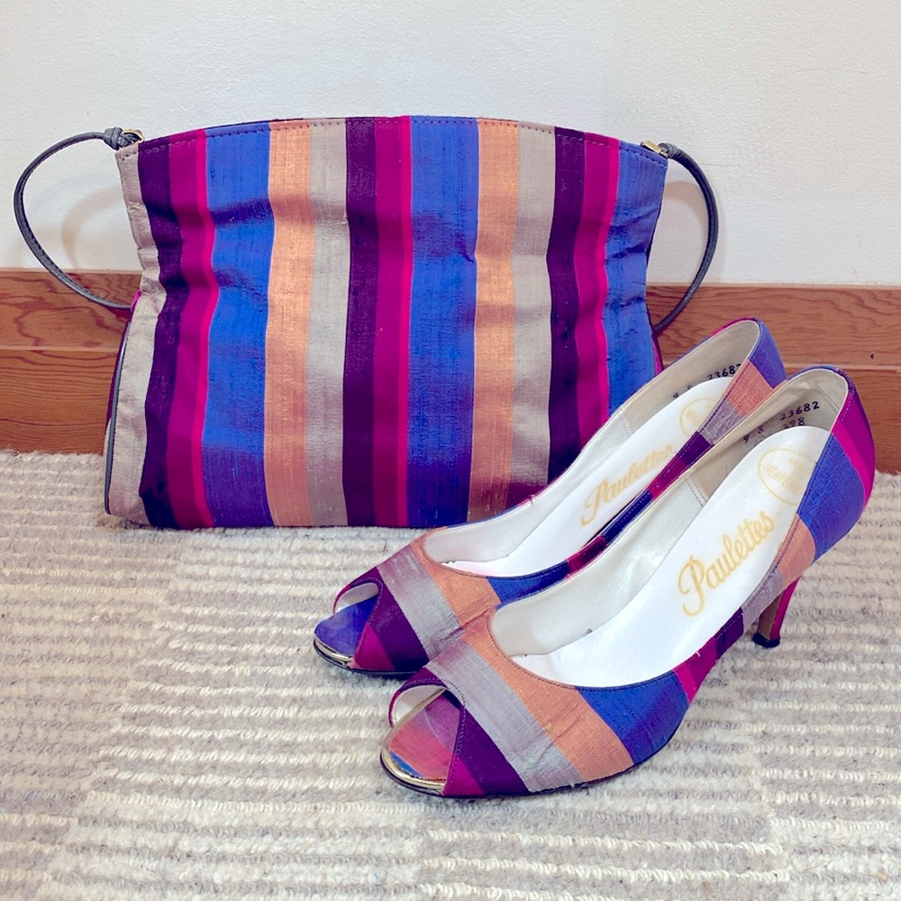 Vintage Silk purse & heels, Stripe, Rare find 9 Vintage peep toes